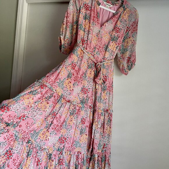 Boden Garden Bouquet Puff Sleeve Tiered Ruffle Midi Dress 10P Pink Floral Boho - Picture 2 of 16